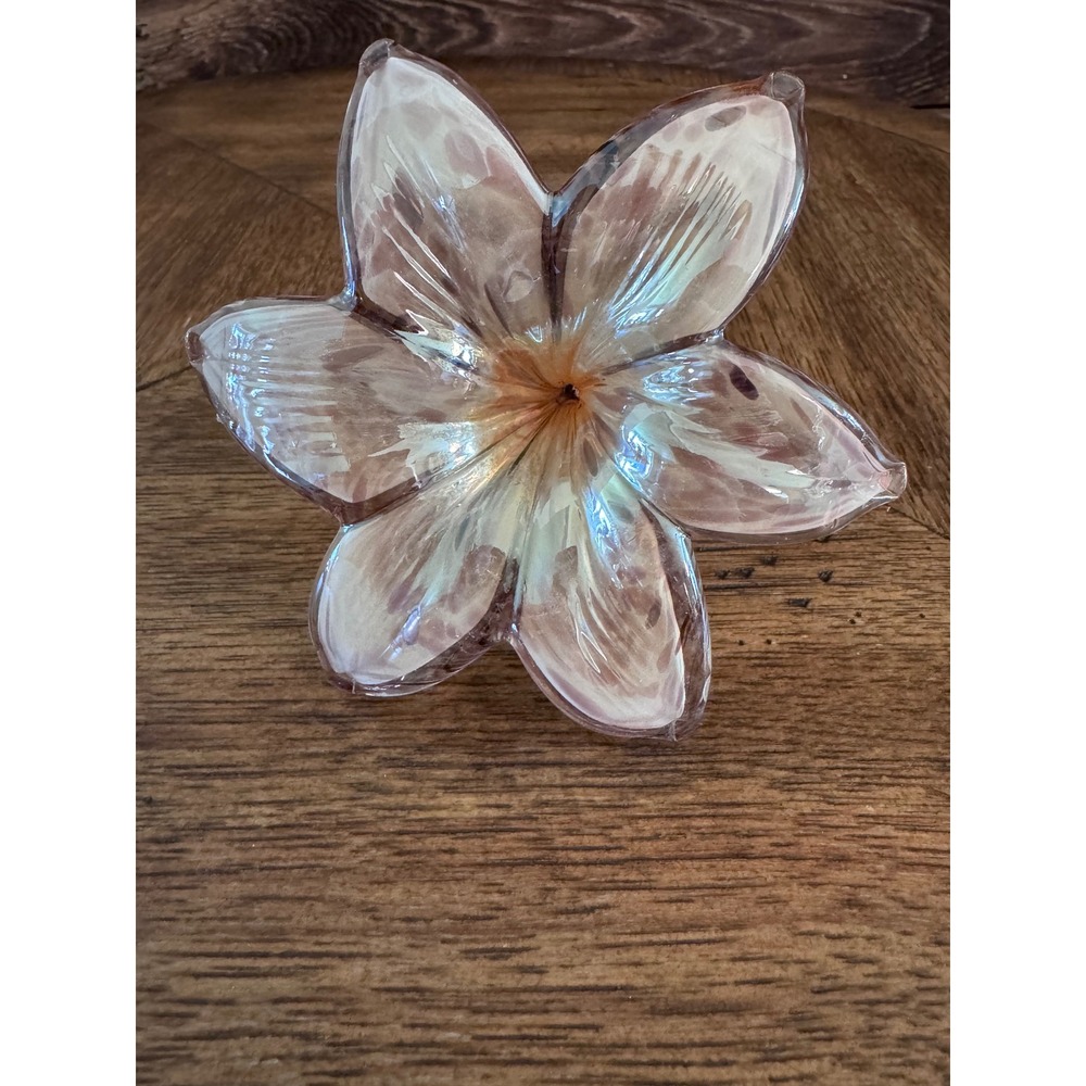 Vintage Murano Hand Blown Art Glass 6-Petal Flower Sculpture, Cream Pink